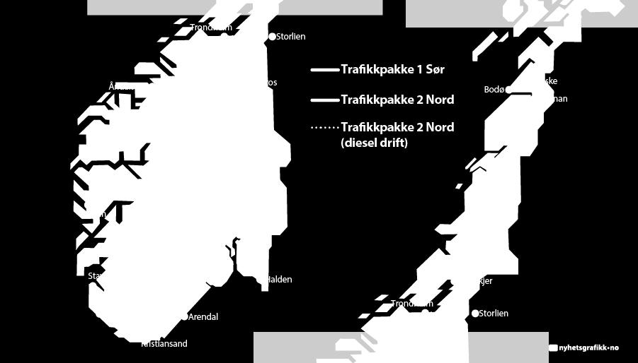 Raumabanen: Dombås - Åndalsnes Rørosbanen: Hamar Trondheim Trønderbanen: Melhus Steinkjer Meråkerbanen: