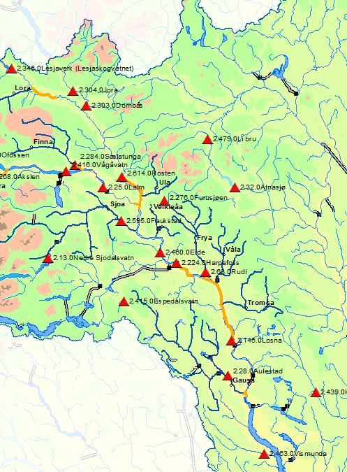 3. Hydrometriske stasjoner Det er flere målestasjoner i vassdraget, både i hovedelva og i noen av sideelvene.