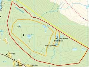 1: gammel furuskog, 2: gråorheggeskog (1: verdivurdering nedjustert til viktig, se områdebeskrivelse i Naturbase, 2: ikke godkjent