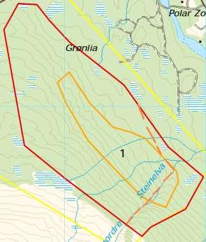 Nye grenser etter justering er skissert opp (oransje stiplet linje). Se DEL II for kart høringsforslag. avstand mellom trær i et 100-200 m bredt belte gjennom området, se kart).