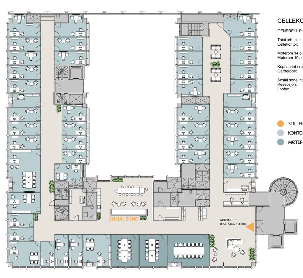 Generelt plan 5. etg./1.957 kvm /100 % cellekontor Arbeidsplasser Generelt plan 5. etg./1.957 kvm /cellekontor/åpen løsning Arbeidsplasser Totalt arb.