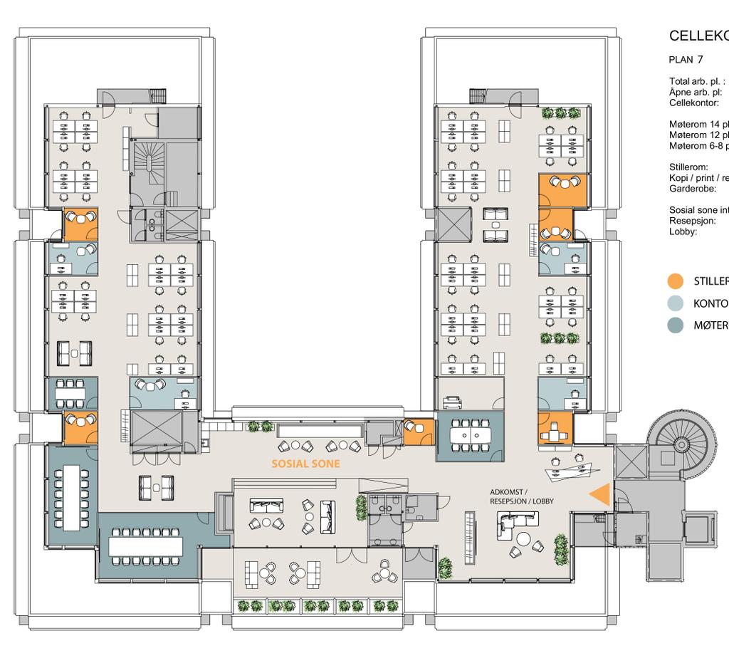 Generelt plan 5. etg./1.957 kvm /100 % åpen løsning Arbeidsplasser Generelt plan 7. etg./1.264 kvm /cellekontor/åpen løsning Arbeidsplasser Totalt arb.pl : 104 Åpne arb. pl. : 104 Møterom 14 pl.