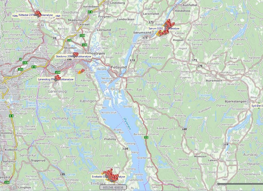 7. Vedlegg 7.1. Kart over prøveområdene i analysen Analysen dekker 6 områder. ROAF har grunnlagsdata for hvilke eksakte adresser som inngår.