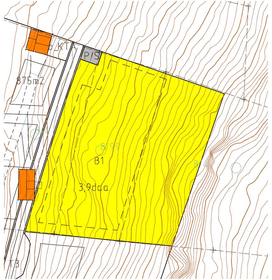 Figur 3: Revidert plankart som syner endring for område P/S og B1 Det reduserte arealet på P/S vil elles innebere at parkering (P) går ut, slik at området berre vil ha formål til snuareal (S) etter