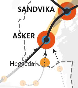 Prioriterte vekstområder: Regional by, Asker sentrum 2 km gangavstand Asker stasjon 10 min. gange Høn stasjon 10 min. gange Bondivann stasjon Lokal by, Heggedal 10 min.