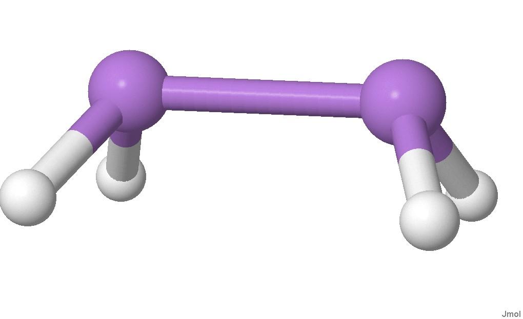 Avstanden mellom de to arsen-atomene er 2,54 Å. I et torsjonsscan for H-As-As-H vil vi kunne forvente at det globale minimum er strukturen i fig. 8.6, basert på andre sammenlignbare molekyler.