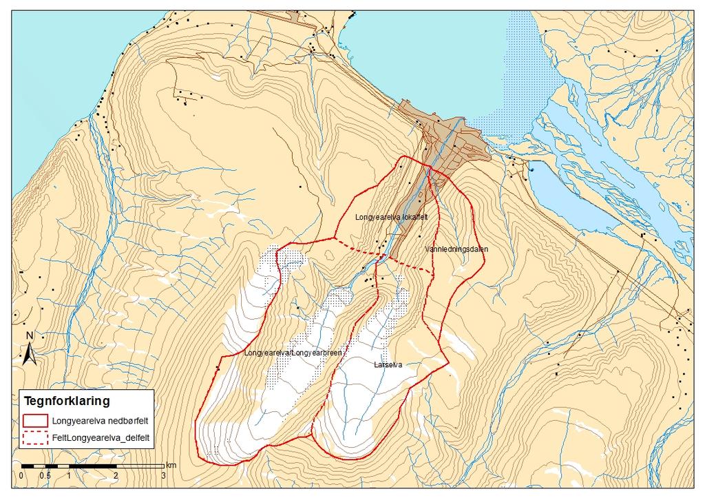 Figur 1. Nedbørfelt til Longyearelva (rødt), delfelt (rødt stiplet). 1.1 Nedbør Nedbøren er generelt lav på Svalbard.