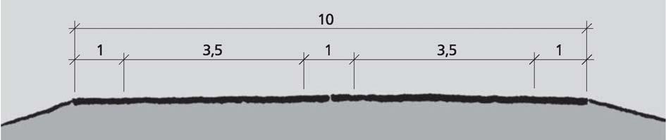 Totalbredden er på 10,0 m, kjørefeltbredden er 3,5 m og skulderbredden er 1,0 m. Kjørefeltene skilles med et midtfelt som avgrenses av to linjer med en avstand på 1,0 m. Figur 3: Tverrprofilet.