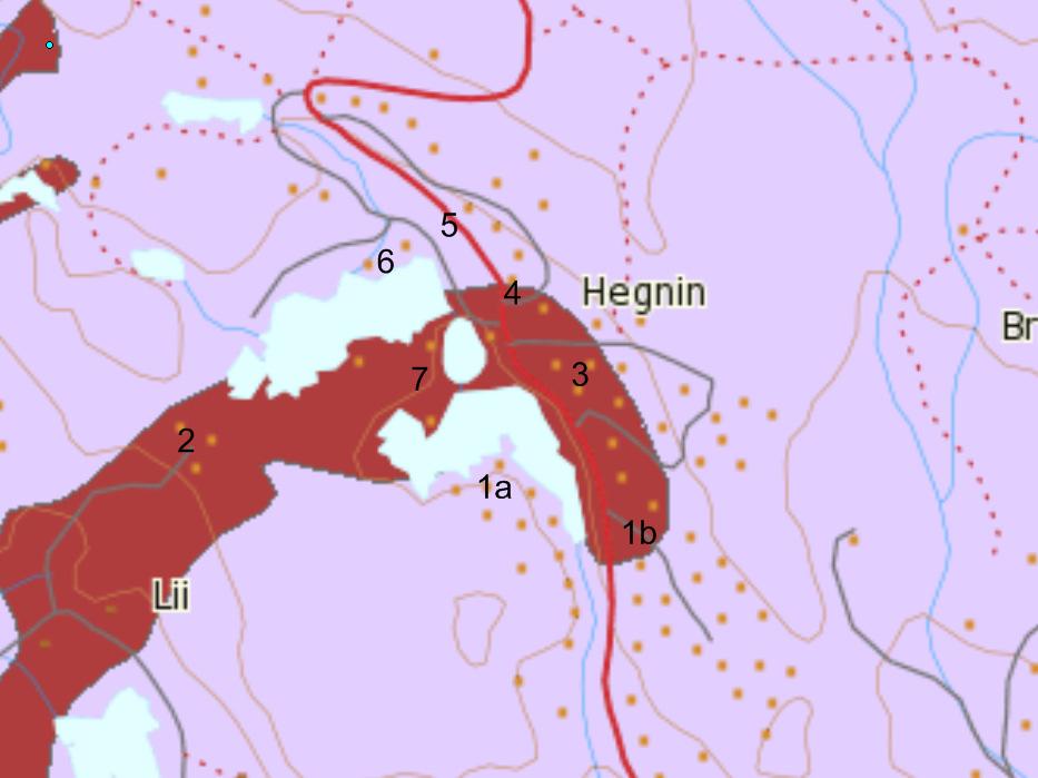 Figur 3 Berggrunnskart over prosjektområdet. Lille=Metarhyolitt og metamorf tuff og Rustrød = Amfibolitt og metagabbro, lokalt amfibolgneis, Kovstulheia Russmarken (kilde www.ngu.no).