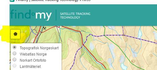 For å lage geofence: Klikk på figuren ovenfor kart-typene, markert gult på bildet. Du får da opp en markør som du fører over kartet, og markere dine avgrensninger.