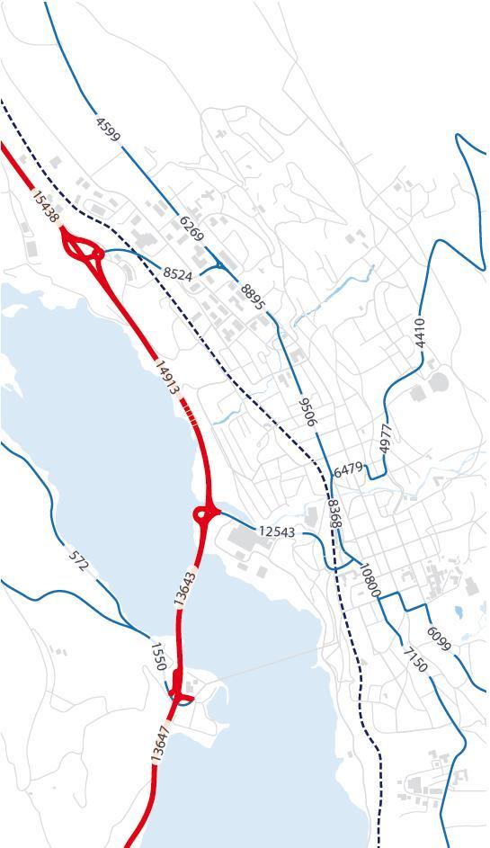 10. Ny E6 potensial for spredning? Trafikkstrømmene i Lillehammer går langs noen hovedtraseer og med ny E6 kan trafikken forflytte seg nordover mot eventuelt nytt kryss ved Storhove.