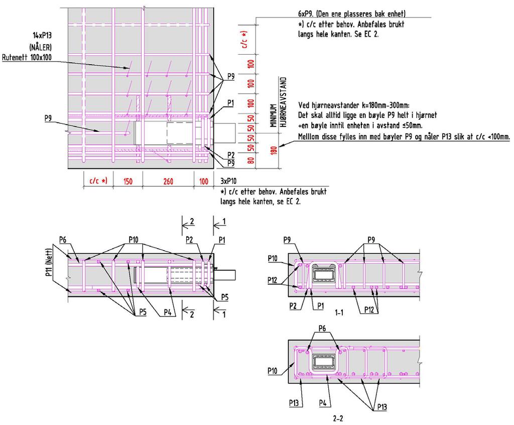 Figur 3: Anbefalt armeringsmønster for TSS 102 enheter. Dekketykkelse t<265mm, hjørneavstand 180mm<k<300mm. Bruddlast iht. Figur 5.