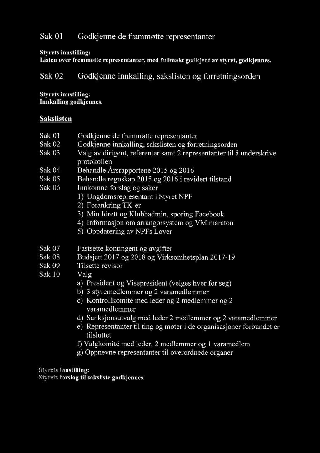 Sakslisten Sak 01 Sak 02 Sak 03 Sak 04 Sak 05 Sak 06 Godkjenne de frammøtte representanter Godkjenne innkalling, sakslisten og forretningsorden Valg av dirigent, referenter samt 2 representanter til