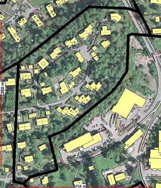 To takoppløft per hus. Lysere farger. - Reguleringsplan fra 1986. Utbygd 2002 2004. Middels tetthet.