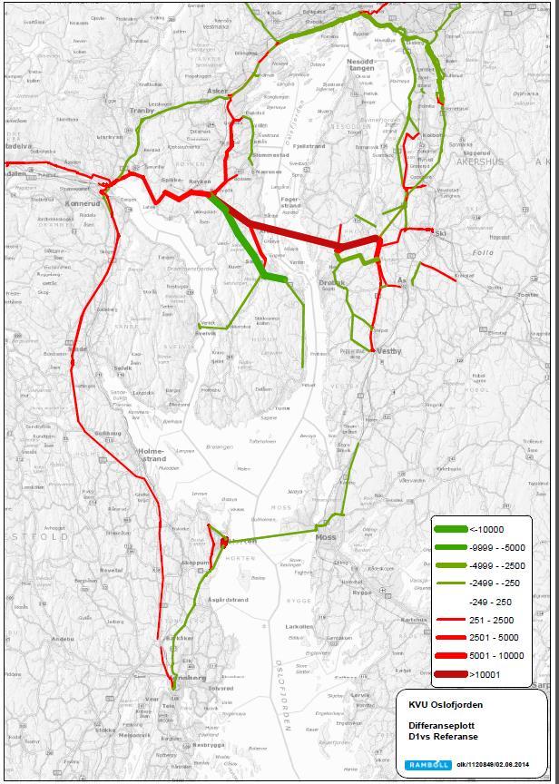 108 (173) Figur 52: Forskjell i trafikk mellom referansekonseptet og Bru for rv 23, [kjt/døgn] Tabell 30: Endring av reiser mellom soner i Bru for rv 23 opp mot referanse, grader av grønn/rød = soner