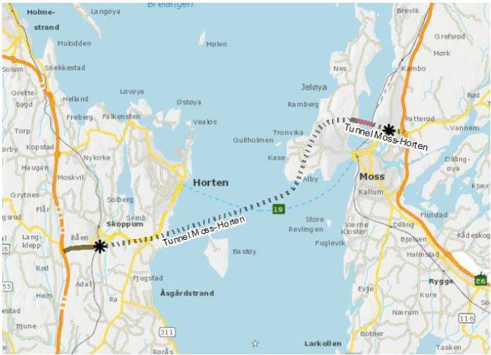 120 (173) 7.1.5 Konsept K4 Tunnel Moss - Horten K4 Tunnel Moss Horten Hovedgrep: Tiltak mellom Moss Horten. Erstatter dagens ferjetilbud mellom Horten og Moss med en fast vegforbindelse.