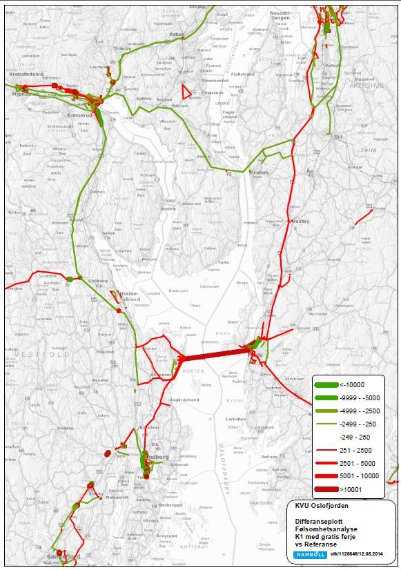 163 (173) K1 Bedre ferjetilbud Moss Horten K1 Bedre ferjetilbud Moss Horten med gratis ferje Figur 94: Endring i trafikk mellom Referanse og konsept K1 med ferjetakst og med gratis ferje, [kjt/døgn]