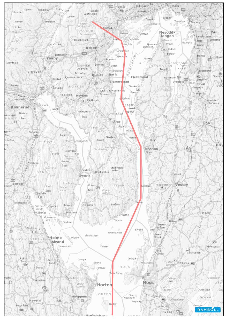 39 (173) For å få fram endringene de nye kryssingene av Oslofjorden medfører for trafikken som krysser Oslofjorden er det tatt ut trafikkmengder i et snitt over Oslofjorden Figur 19.