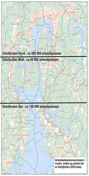 850 000 innbyggere, har grovt regnet 7 av 10 arbeidsplasser innenfor Oslofjordområdet. Pendling mot Oslo utgjør den dominerende pendlingsstrømmen på begge sider av fjorden. Ca.