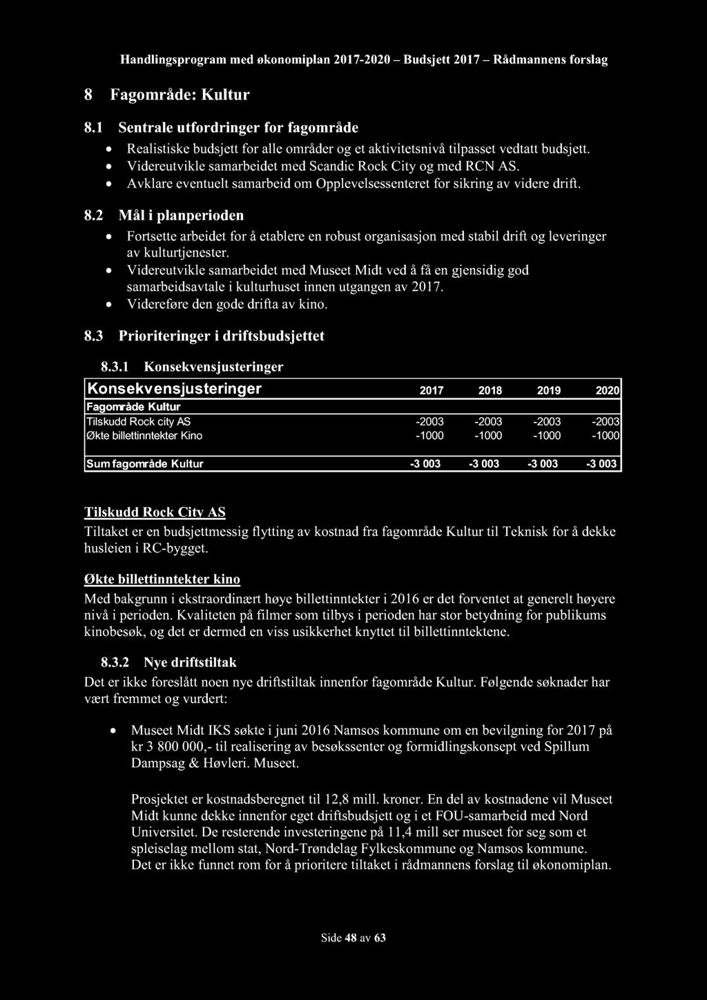 Handlingsprogram med økonomiplan 2017-2020 Budsjett 2017 Rådmannensforslag 8 Fagområde: Kultur 8.