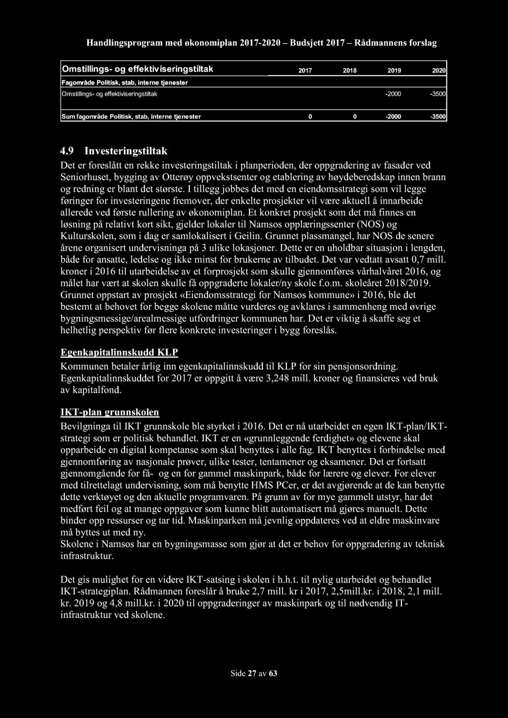 Handlingsprogram med økonomiplan 2017-2020 Budsjett 2017 Rådmannensforslag Omstillings- og effektiviseringstiltak 2017 2018 2019 2020 Fagområde Politisk, stab, interne tjenester Omstillings- og