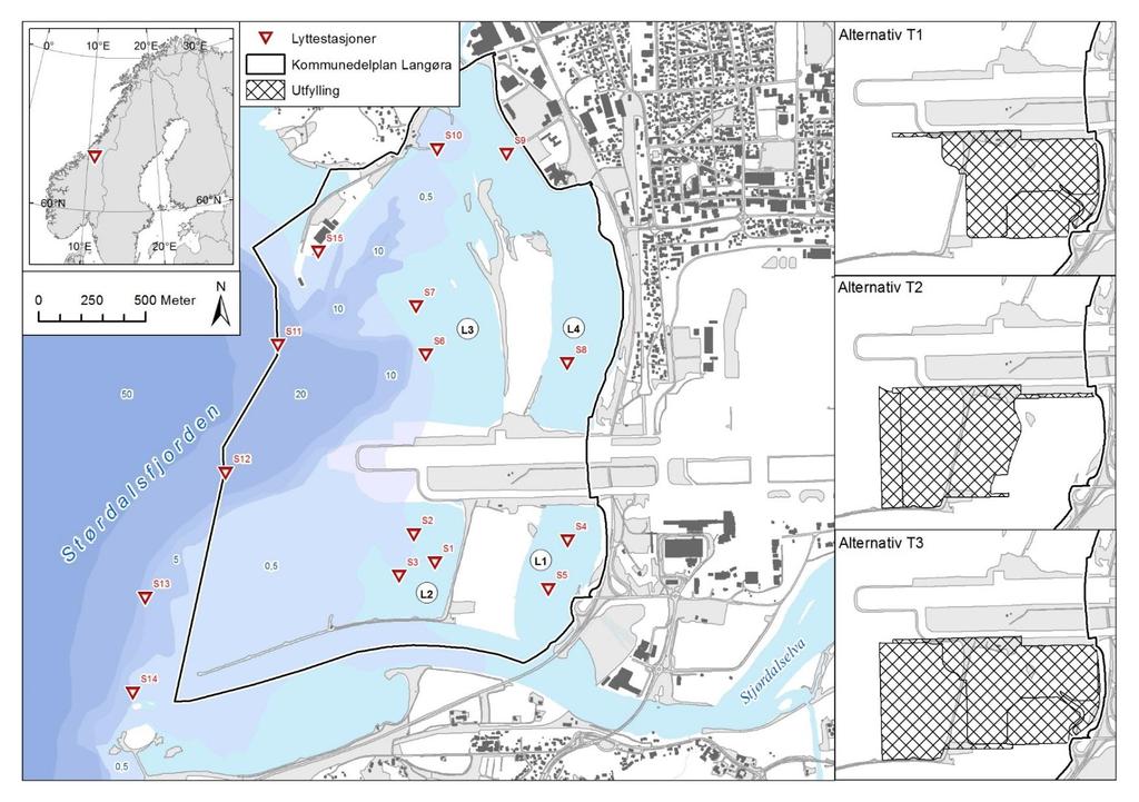 Figur 1. Undersøkelsesområdet ved Langøra, Trondheim Lufthavn Værnes. Røde trekanter med nummer angir plassering av lyttestasjoner.