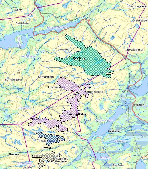 Figur 3.1. Planavgrensinger for Grønningfjella vindkraftanlegg 3.2 Berørte eiendommer Planområdet strekker seg over flere eiendommer.