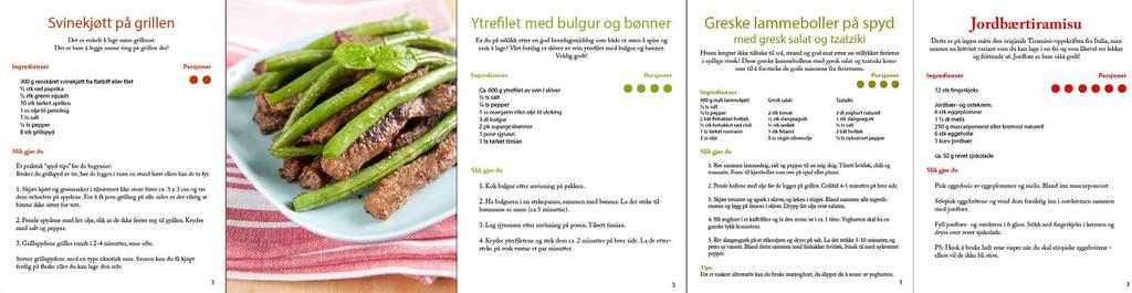 The preparation text and ingredients on spread number three are written in 15pt, while the last three spreads have 18pt on the preparation text and 15pt on the ingredients.