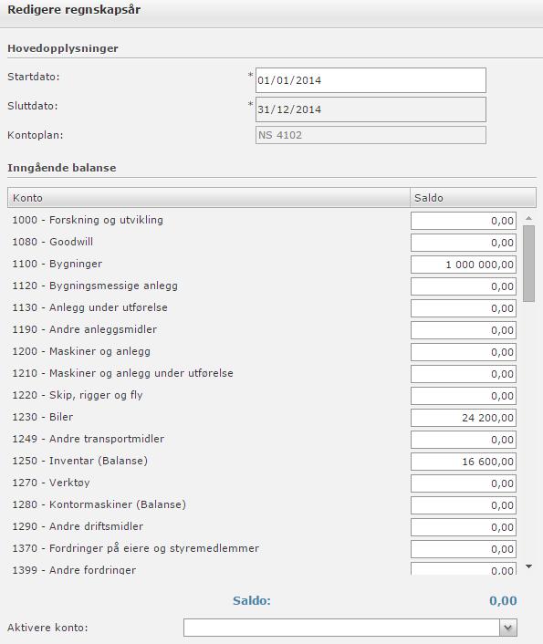 For å legge inn en inngående balanse, klikker du på det første regnskapsåret og deretter på knappen Rediger.