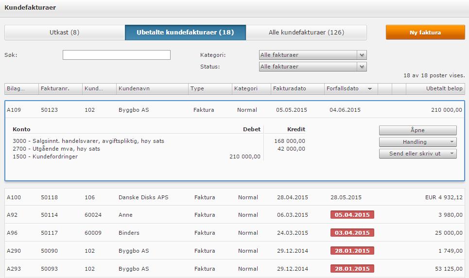 // Kundefakturaer Under Salg - Kundefakturaer finner du oversikt over Utkast, Ubetalte kundefakturaer og Alle kundefakturaer.