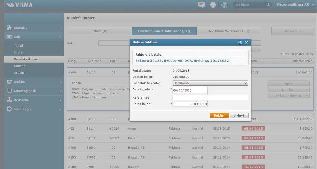 Under Ubetalte kundefakturaer ser du en oversikt over alle fakturaer som ikke er betalt eller delbetalt.