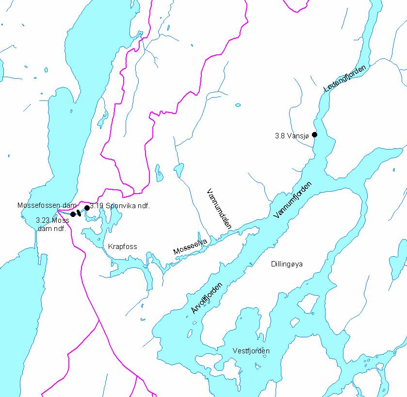 Figur 2. Kart over nedre del av Mossevassdraget. 2. Beskrivelse av vassdraget Mossevassdraget har sine kilder i området sørøst for Oslo: Østmarka og Sørmarka.