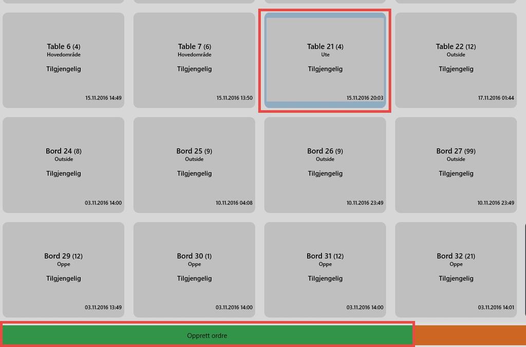 2 Opprett et bord Trykk på det bordet du skal opprette en ordre på, her har vi valgt