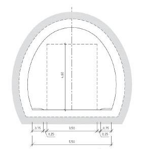 Andre tekniske føresetnader Tunnelen vert bygt som einfelts tunnel og tunnelklasse A. Figuren over viser tunnelprofil for ein-felts veg i tunnel T5,5.