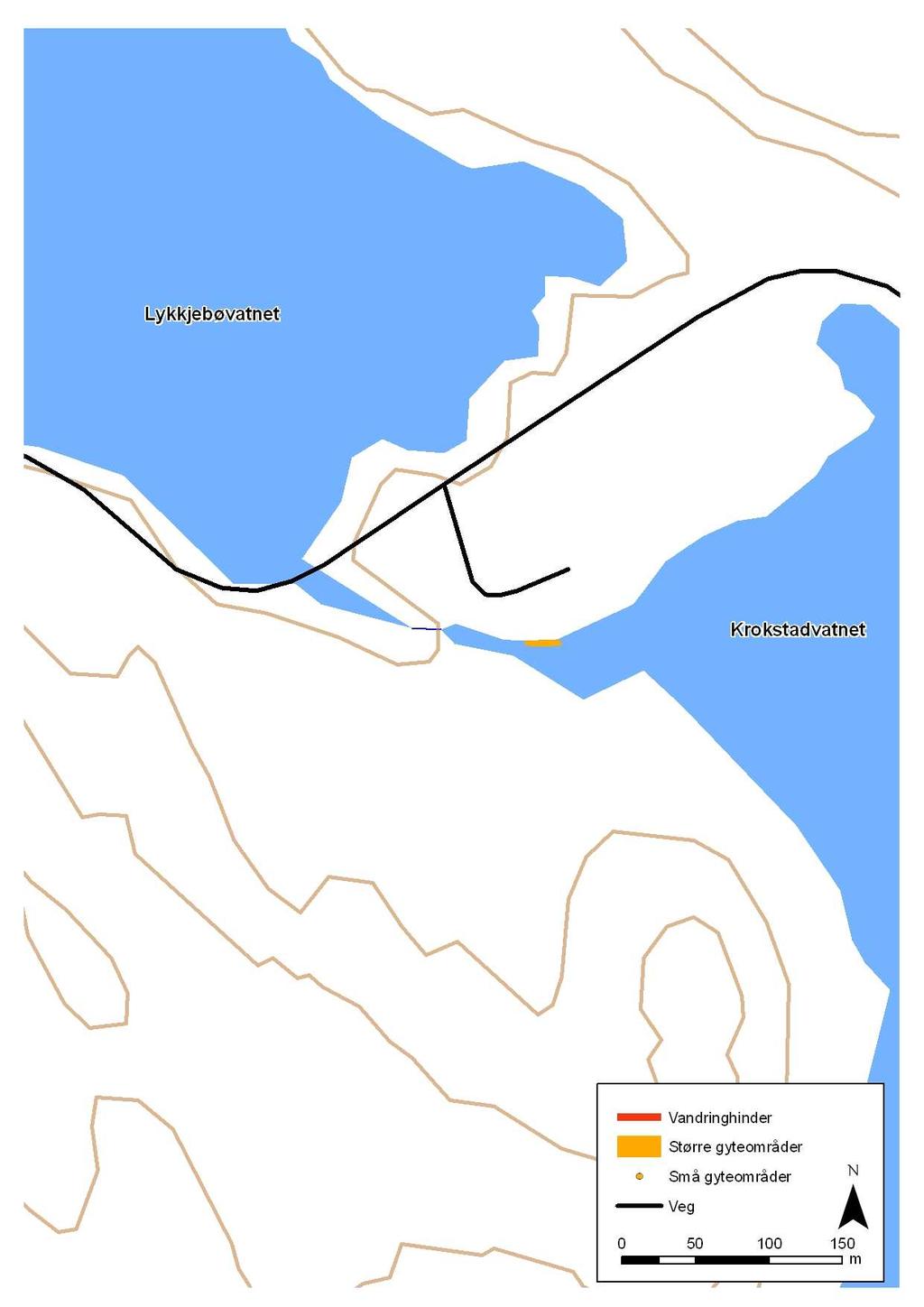 Strekningen Lykkjebøvatnet og opp til Krokstadvatnet Elvestrekningen fra Lykkjebøvatnet og opp til Krokstadvatnet er en kort elvestreng på bare 200 meter, og den har et beregnet elveareal på 2 949 m
