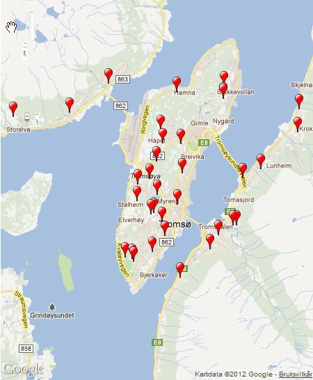 På nettsiden til Tromsø kommune ligger det et kart med oversikt over barnehagenes plassering.