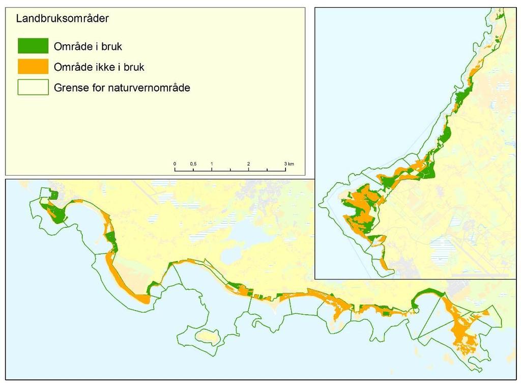 Figur 30. Fordeling av markslag (AR5) i verneområdene. Se definisjoner i kapittel 5.4.1. Figur 31. Oversikt over landbruksarealer i drift.