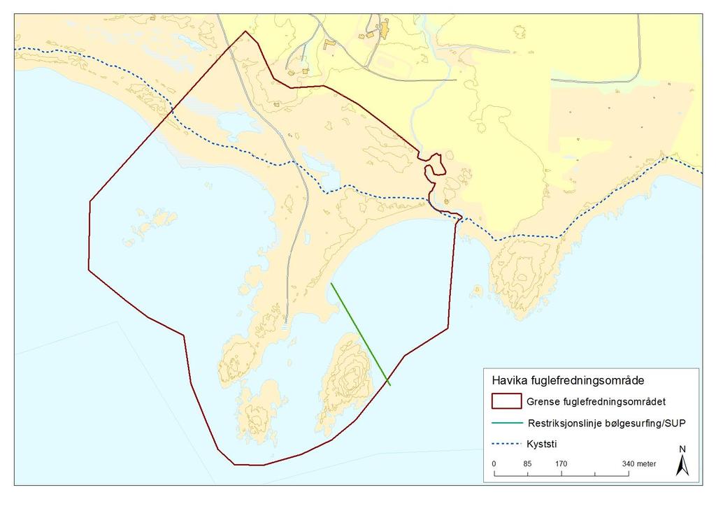 Foreslått endring Havika. Figur 46. Forslag til restriksjonslinje i Havika. Havika er et attraktivt område for bølgesurfing.