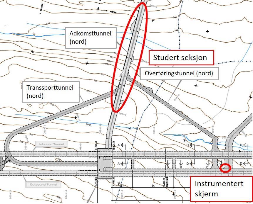 Studieområde Kapittel 7 Figur 7-3: Kartutsnitt med beliggenheten til instrumentert skjerm og studert seksjon (Figur modifisert etter Acciona Ghella, 2015