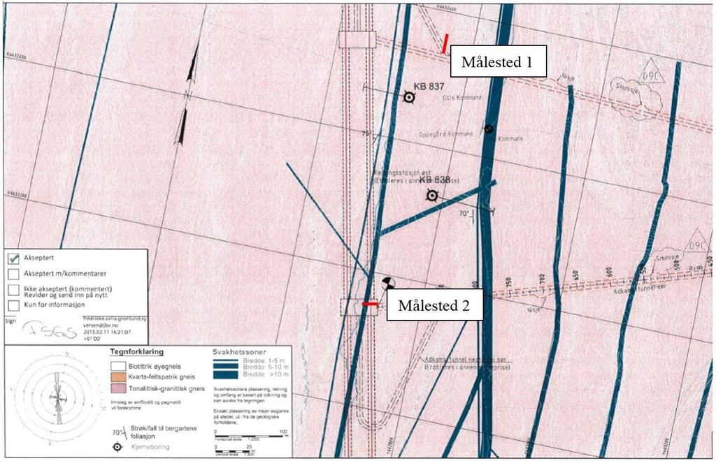 Studieområde Kapittel 7 Figur 7-5: Plassering av målesteder der 3D bergspenningsmåling er utført, Målested 1 er i adkomsttunnel nord, og Målested 2 i adkomsttunnel sør (Larsen og Følke, 2015).