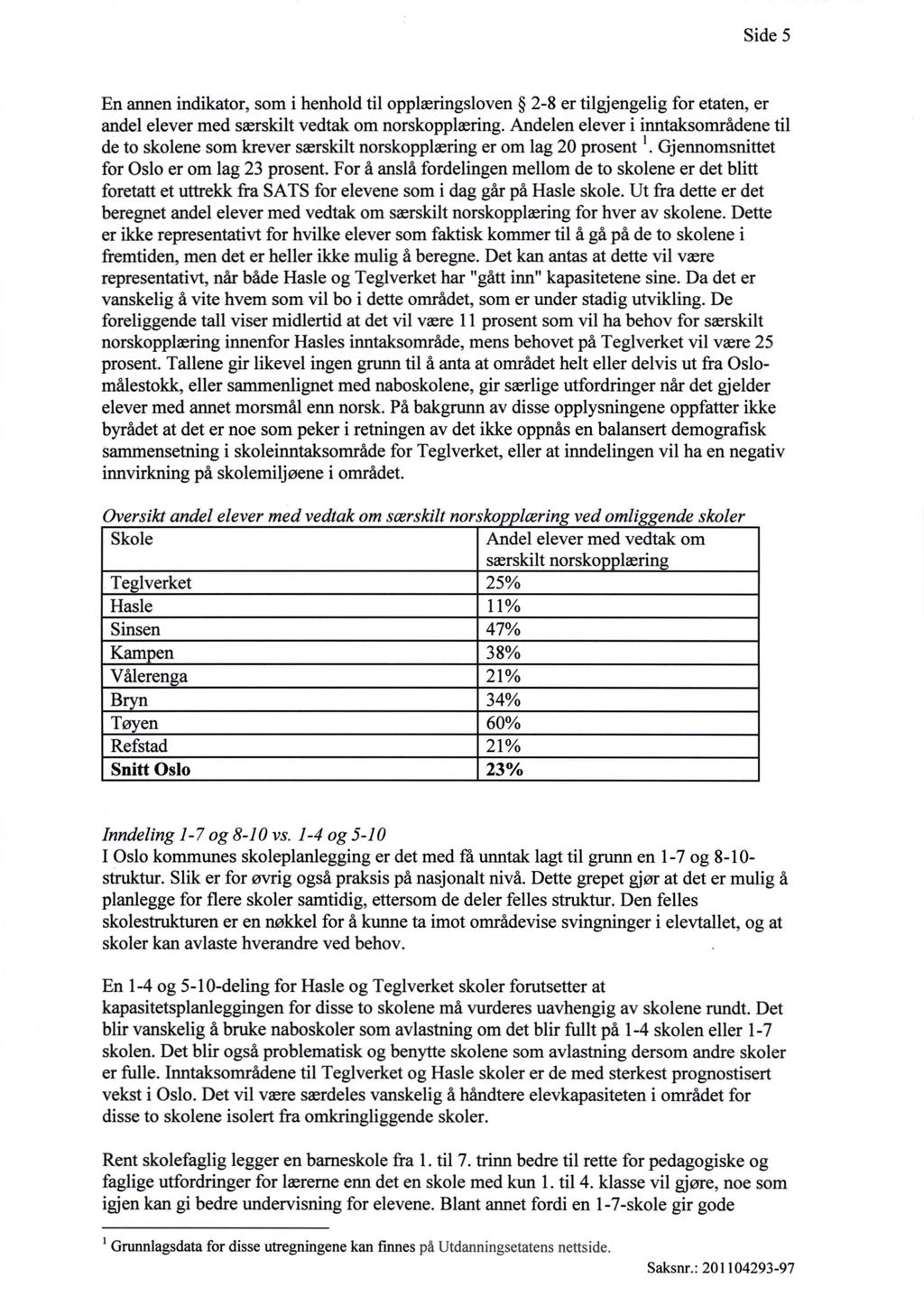 Side 5 En annen indikator, som i henhold til opplæringsloven 2-8 er tilgjengelig for etaten, er andel elever med særskilt vedtak om norskopplæring.