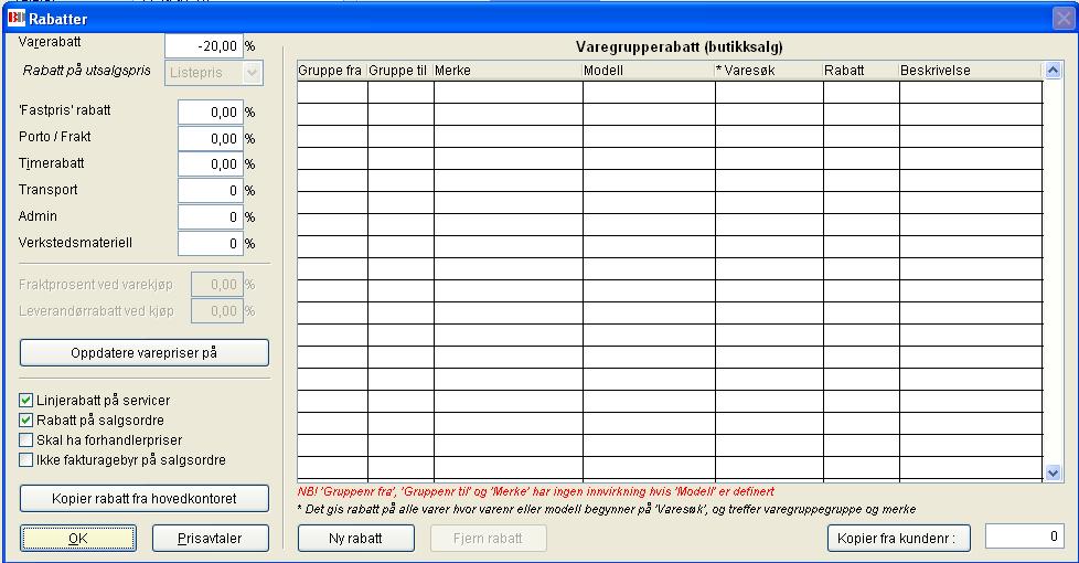 Priser og rabatter på kunde I tillegg til at man kan spesifisere dette på selve salget i salgsøyeblikket, kan man registrere faste rabatter som skal følge kunden i forbindelse med salg.