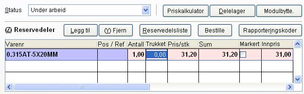 Legge inn reservedel på service. Reservedeler - feltforklaring Oversikt over deler brukt til denne servicen. Trykk Legg til for å skrive inn delens navn.