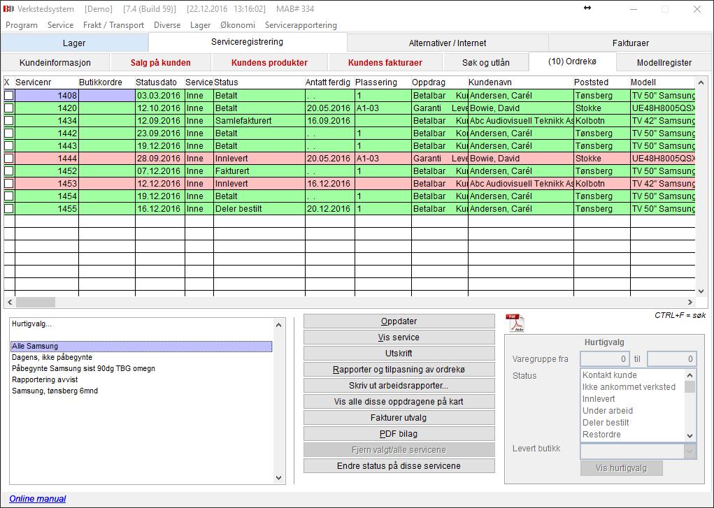 Ordrekø 1 2 3 4 5 6 7 8 9 10 11 15 16 14 12 13 Oversikt over servicer registrert i deres verksted. Feltet nederst til venstre kan man velge mellom Hurtigvalg eller egendefinerte rapporter. 1. Liste over servicer som matcher valgte kriterier.