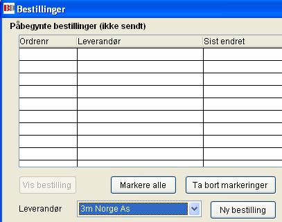 Bestilling av vare metode 2. 1. Velg Bestillinger fra Lager-fanen. Velg leverandør fra listen øverst i bildet. 2. Trykk deretter Ny bestilling. 1 2 3. Dette åpner vinduet Bestilling.