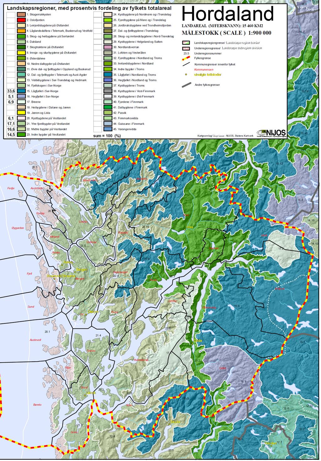 Figur 3. Kart over Hordaland fylke med fordelinga av landskapsregioner.
