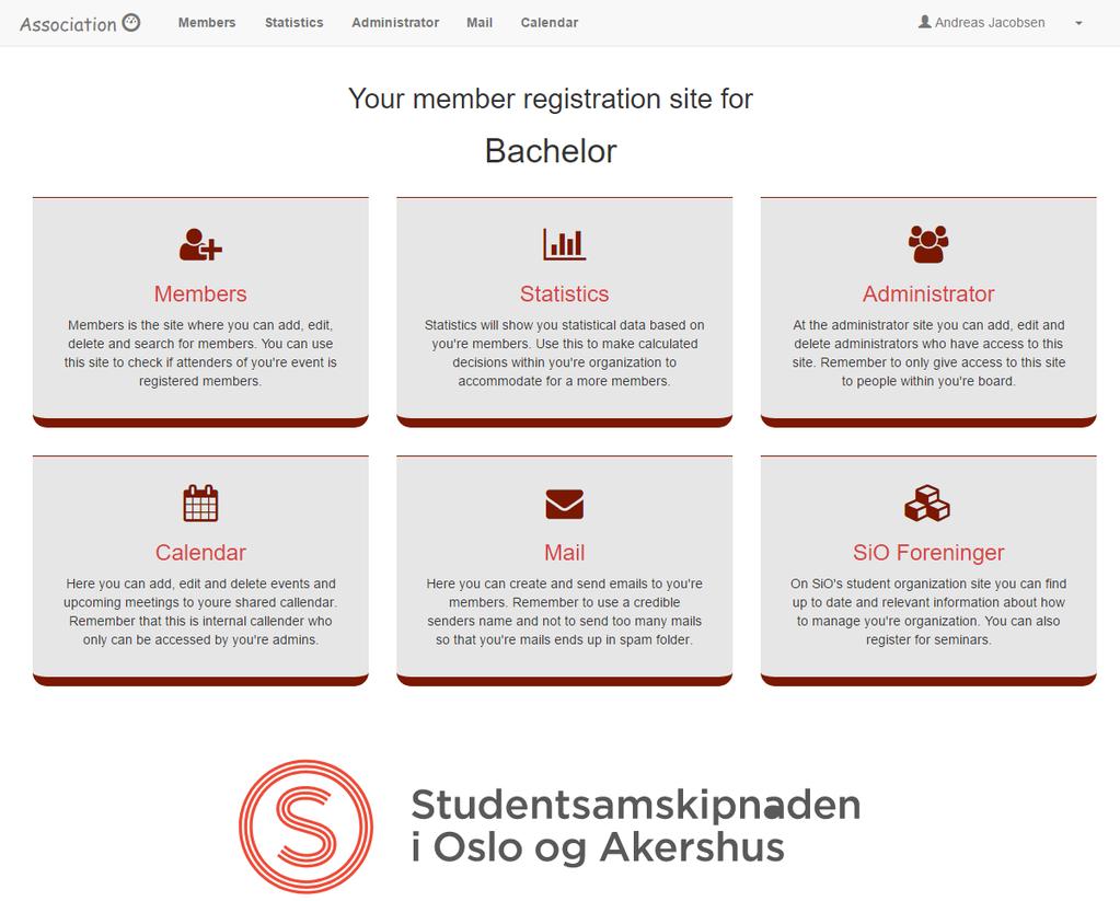 sioforeninger.no/dashboard/ På startsiden kan vi se topp meny-baren og en meny i hovedskjermen. Disse går til de samme sidene, men topp meny-baren er synlig ifra alle sidene.