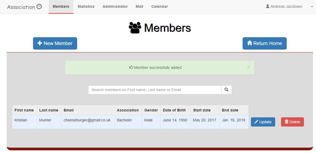 Når vi klikker på «Register new member» blir vi tatt tilbake til member overview siden med en melding om at medlemmet er lagt til.