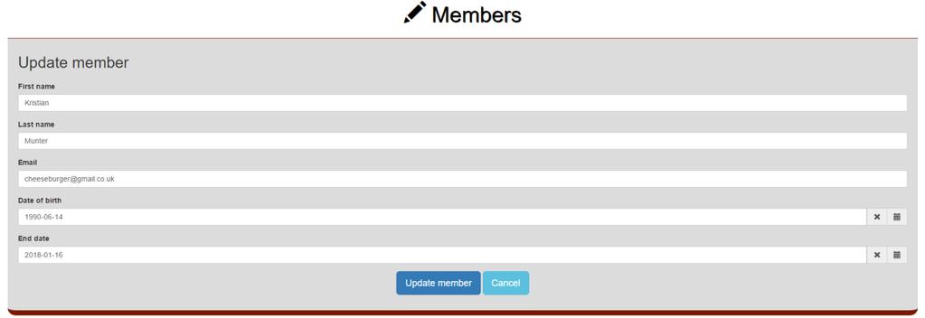 no/member_overview/ Om vi ønsker å slette medlemmet trykker vi på «Delete», om vi ønsker å endre medlemmet trykker vi på «Update».