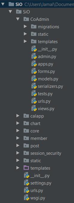 Bildet til høyre illustrerer filstrukturen til systemet. Alt ligger strukturert under mappen SiO og hver ulike gren av systemet har en egen mappe med egne statiske filer (CSS, JavaScript osv.